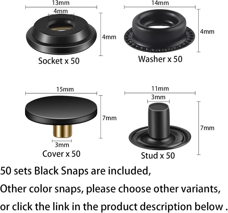 Moocci 200Pieces (50Sets) 15MM Snap Fastener Kit Tool Snap Button kit Snaps for Leather Snap Fasteners Kit for Leather Marine Grade Stainless Steel Snaps Button for Canvas Bag, Jeans, Clothes, Fabric (BLack) - Image 2